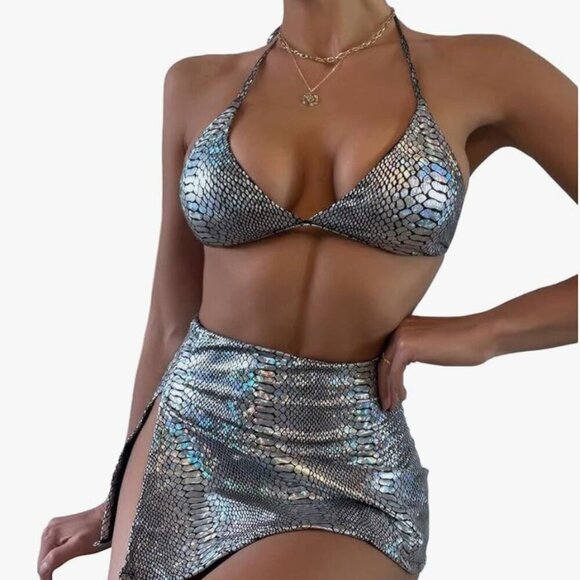 3-piece Triangle Bikini Set Swimsuit with Skirt Womens Size Large - Picture 2 of 9